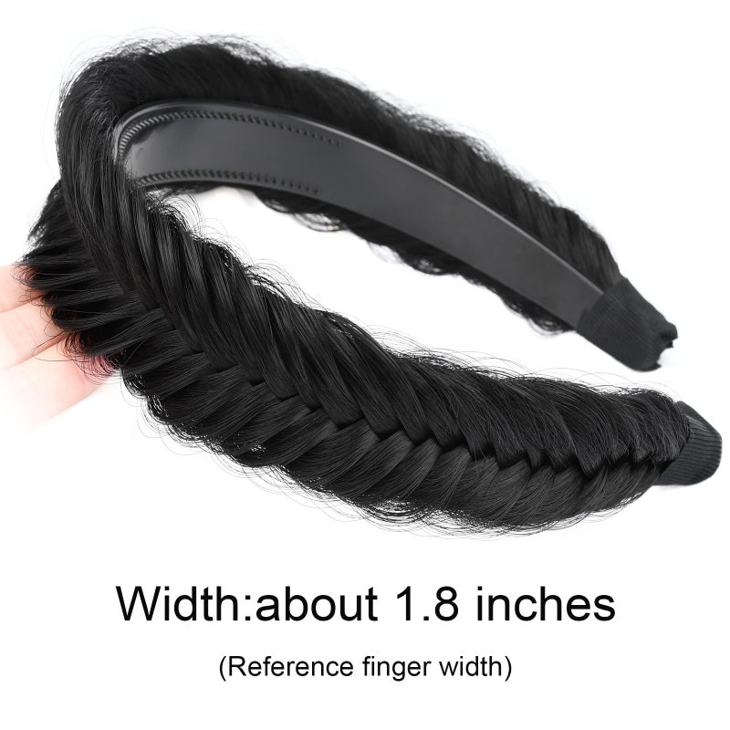 DIGUAN Fishtail Messy Braid Wide Braided Headband with Teeth Synthetic Hair Plaited head bands Chunky Hairpiece for Girls Women (Natural Black, Wide) - Image 3